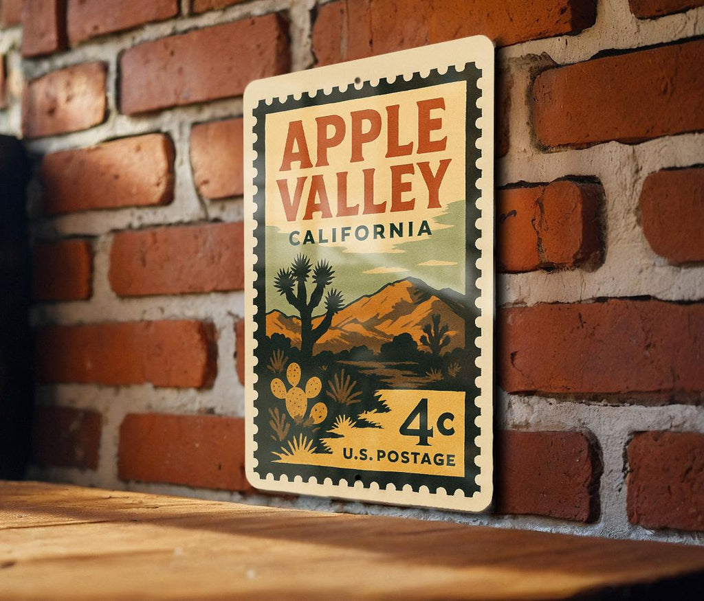 Apple Valley California Postage Stamp Metal Sign – Retro Travel Art Featuring Desert Scene and Vintage Lettering — photo 1