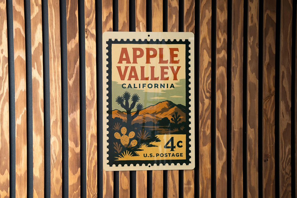 Apple Valley California Postage Stamp Metal Sign – Retro Travel Art Featuring Desert Scene and Vintage Lettering — photo 2