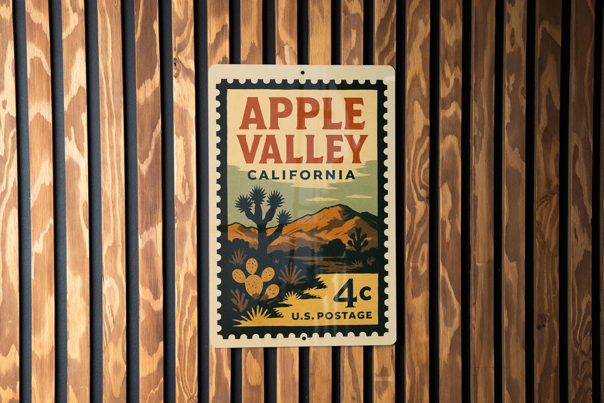 Apple Valley California Postage Stamp Metal Sign – Retro Travel Art Featuring Desert Scene and Vintage Lettering — photo 2