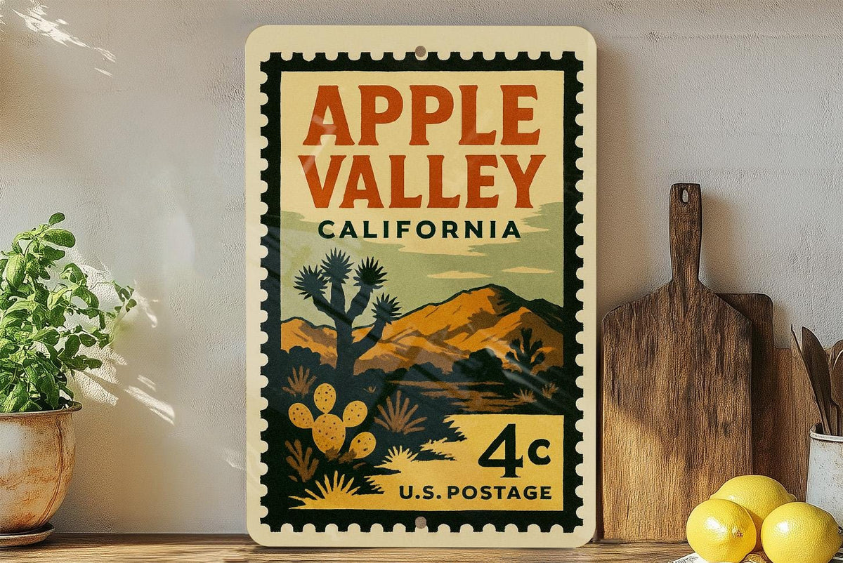 Apple Valley California Postage Stamp Metal Sign – Retro Travel Art Featuring Desert Scene and Vintage Lettering — photo 3