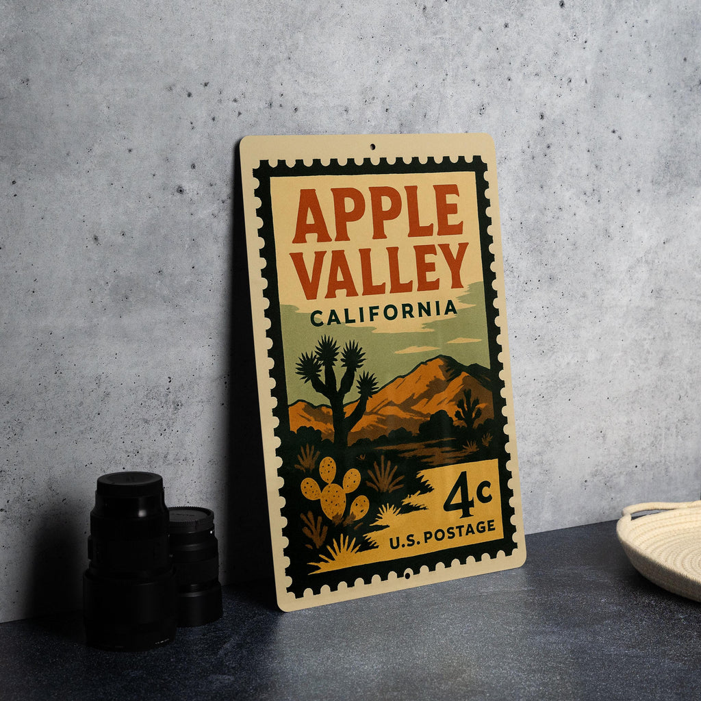 Apple Valley California Postage Stamp Metal Sign – Retro Travel Art Featuring Desert Scene and Vintage Lettering — photo 4