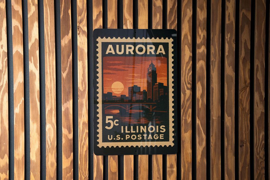Aurora Illinois Metal Sign – Retro Postage Stamp Design Featuring Cityscape and Historic Landmarks — photo 1