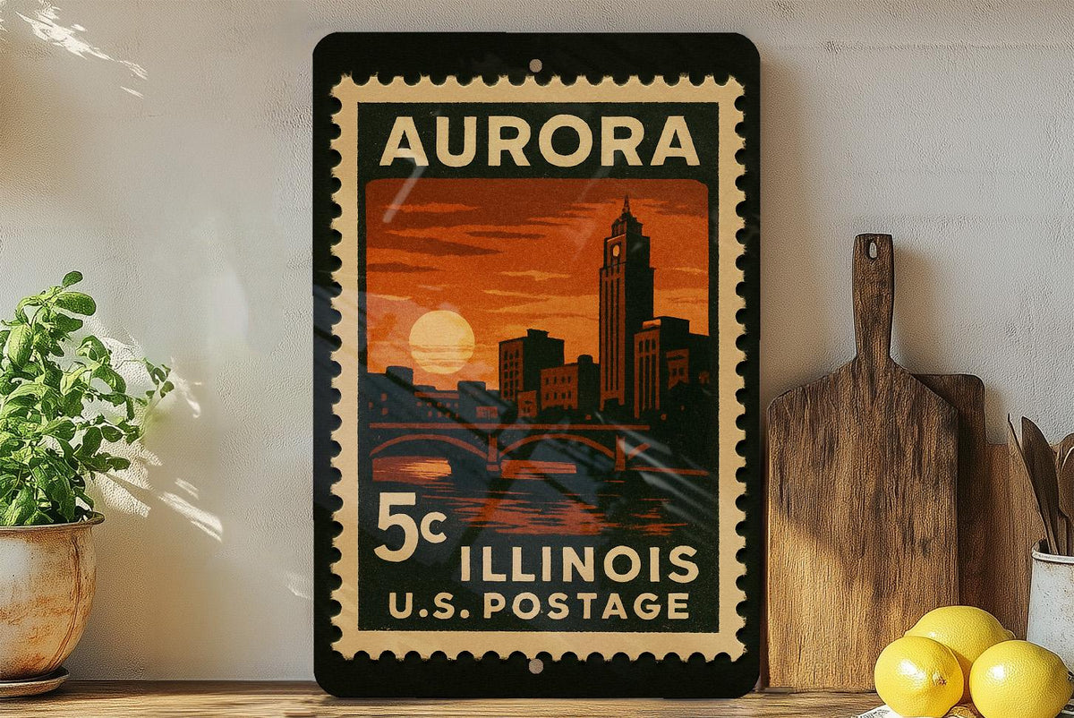 Aurora Illinois Metal Sign – Retro Postage Stamp Design Featuring Cityscape and Historic Landmarks — photo 2