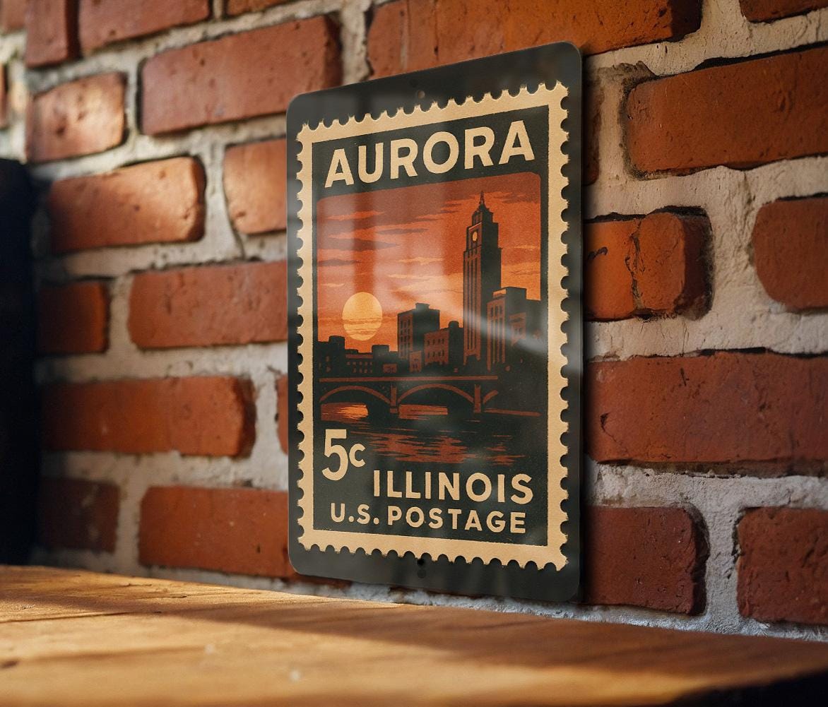 Aurora Illinois Metal Sign – Retro Postage Stamp Design Featuring Cityscape and Historic Landmarks — photo 3