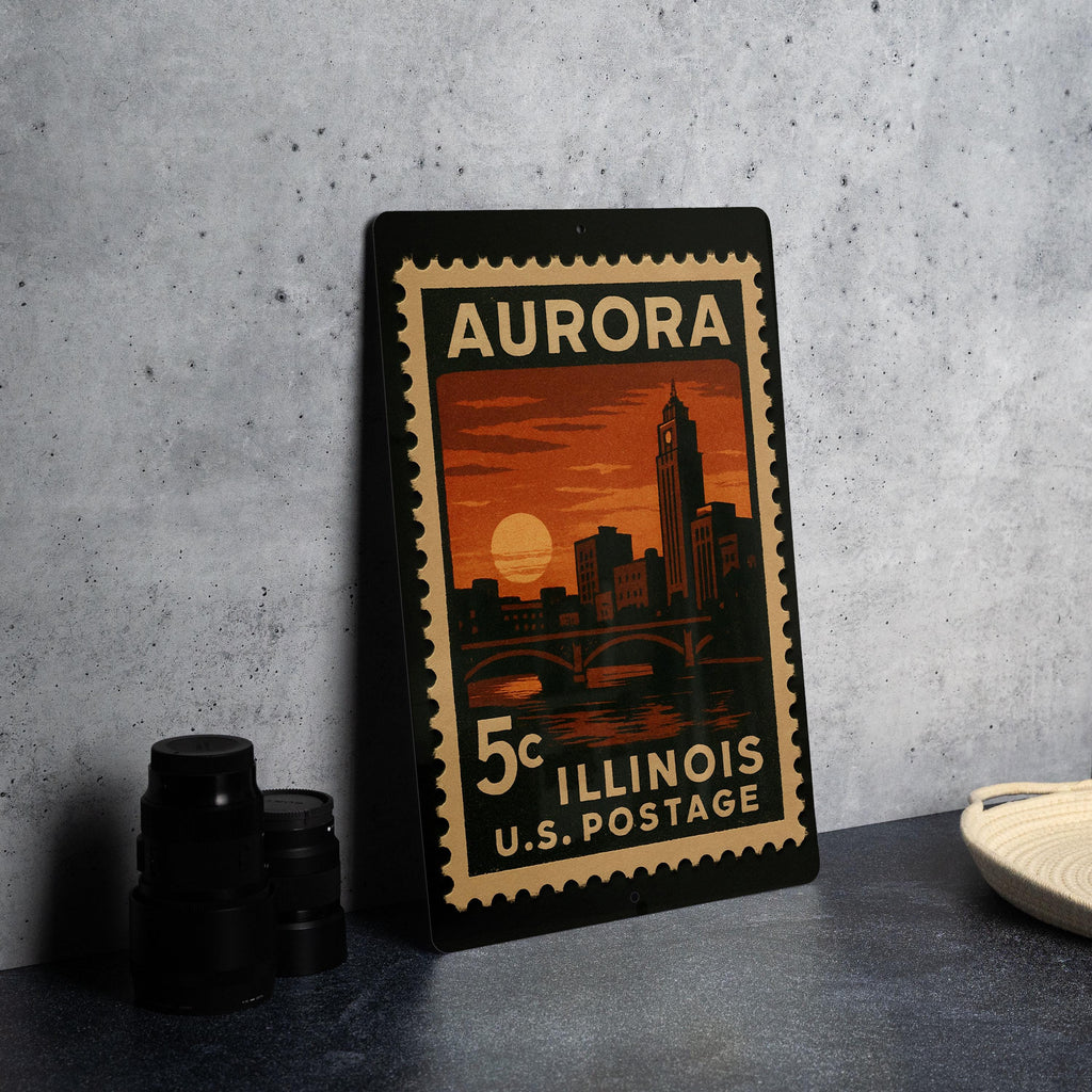 Aurora Illinois Metal Sign – Retro Postage Stamp Design Featuring Cityscape and Historic Landmarks — photo 4