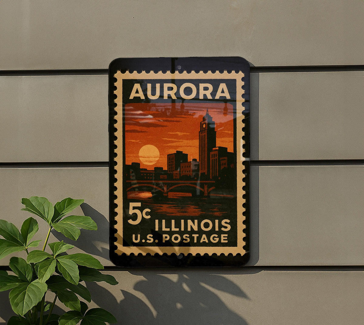Aurora Illinois Metal Sign – Retro Postage Stamp Design Featuring Cityscape and Historic Landmarks — photo 5