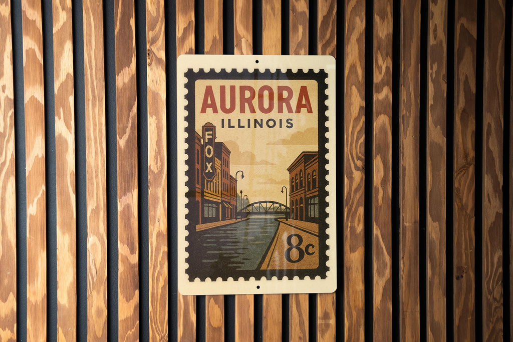 Aurora Illinois Metal Sign – Retro Postage Stamp Design Featuring Historic Cityscape and Iconic Landmarks — photo 1