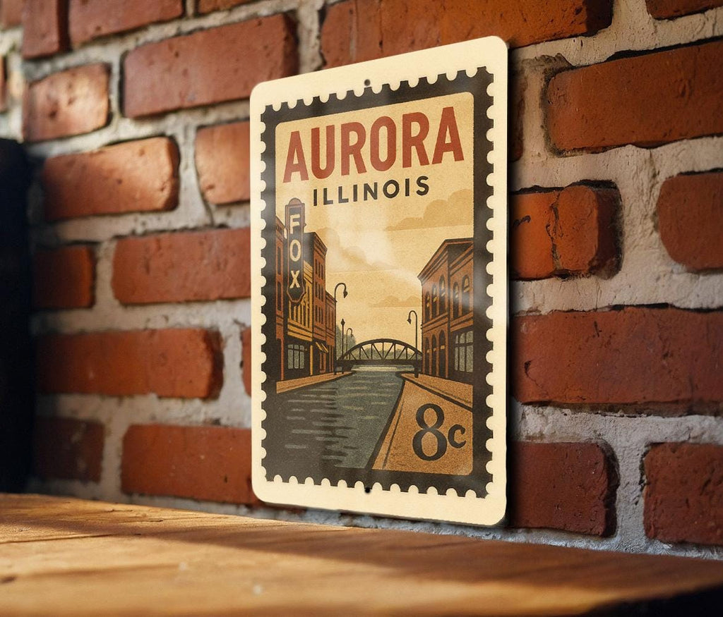 Aurora Illinois Metal Sign – Retro Postage Stamp Design Featuring Historic Cityscape and Iconic Landmarks — photo 2