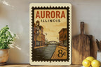 Aurora Illinois Metal Sign – Retro Postage Stamp Design Featuring Historic Cityscape and Iconic Landmarks — photo 3