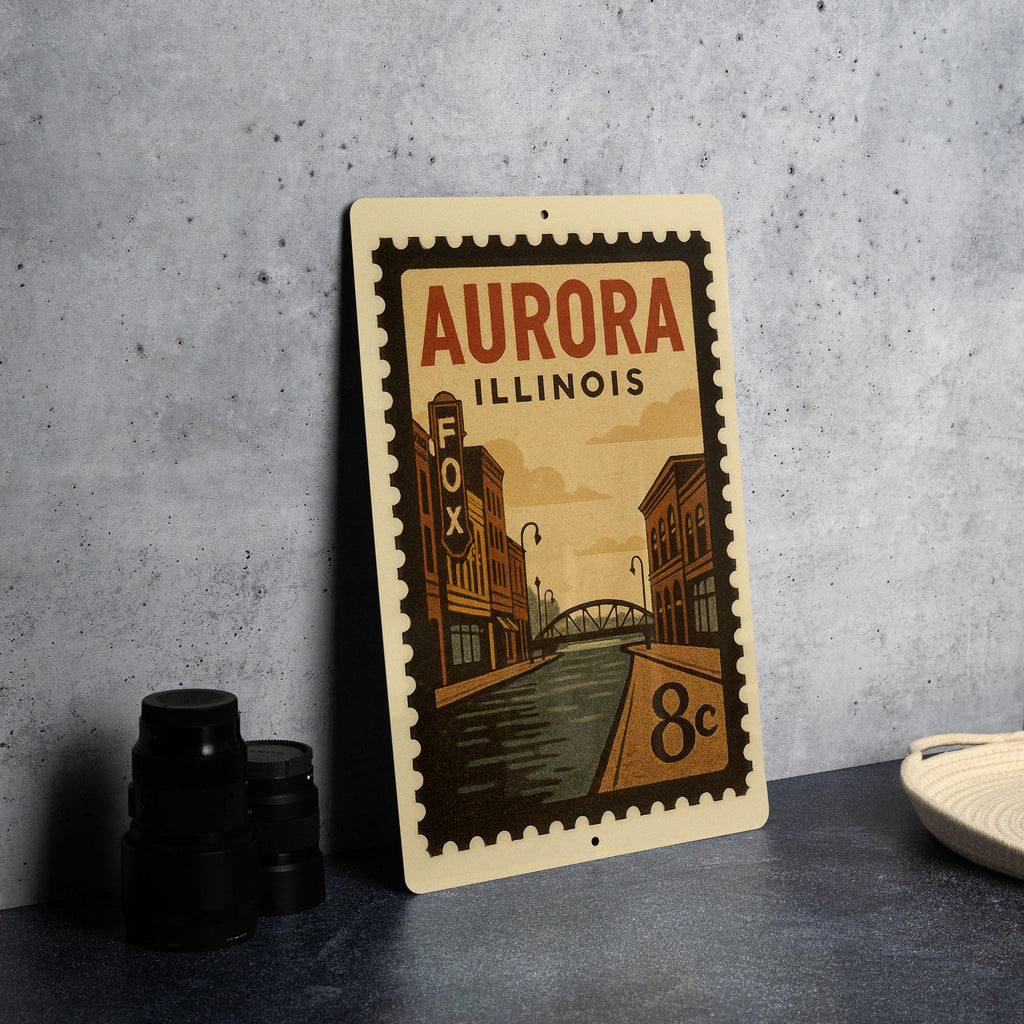 Aurora Illinois Metal Sign – Retro Postage Stamp Design Featuring Historic Cityscape and Iconic Landmarks — photo 4