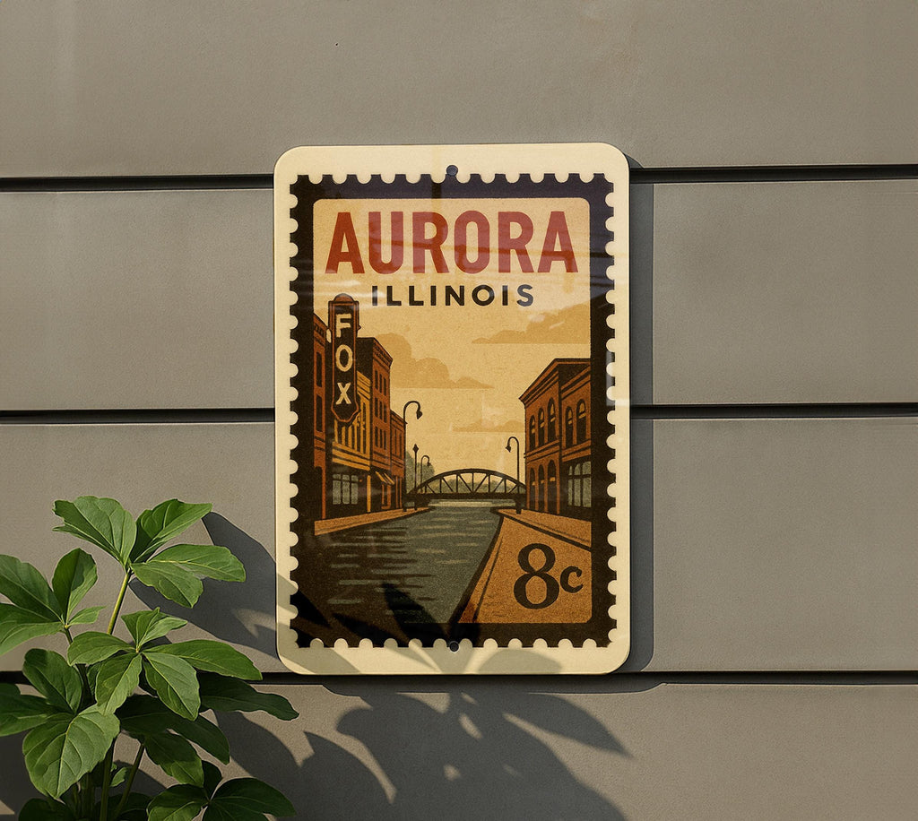 Aurora Illinois Metal Sign – Retro Postage Stamp Design Featuring Historic Cityscape and Iconic Landmarks — photo 5