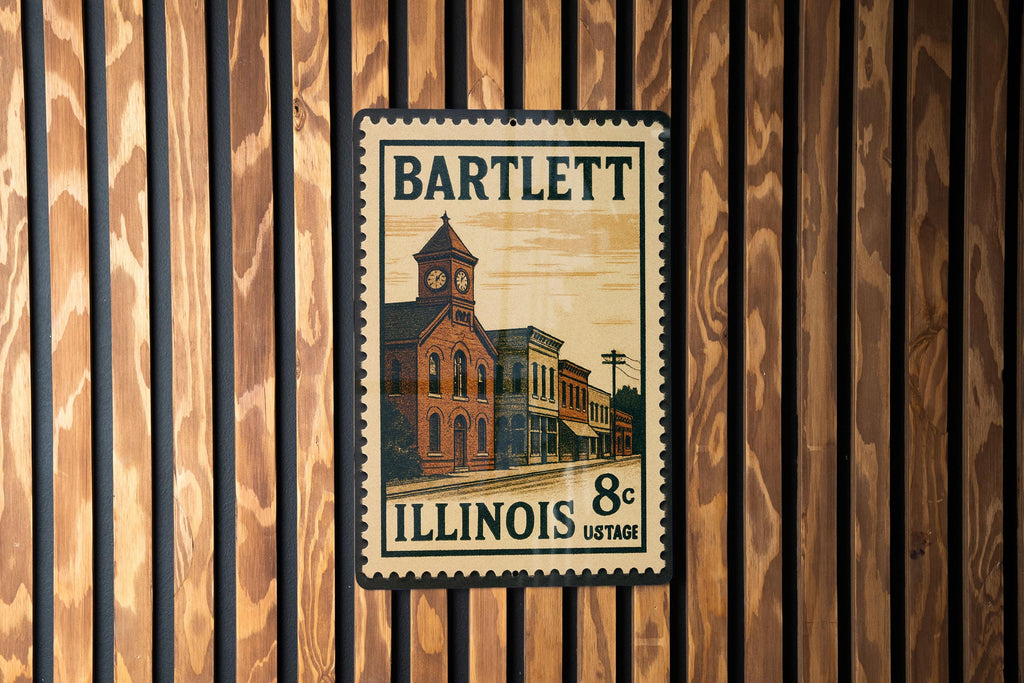 Bartlett Illinois Metal Sign Featuring Retro Postage Stamp Design of Local Landmark and Town Name Decor — photo 1