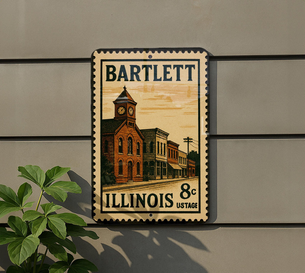 Bartlett Illinois Metal Sign Featuring Retro Postage Stamp Design of Local Landmark and Town Name Decor — photo 5