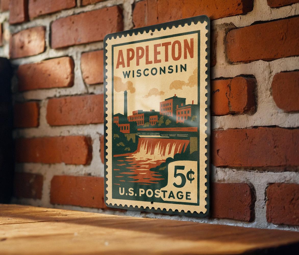 Appleton Wisconsin Metal Sign – Retro Postage Stamp Design Featuring Cityscape and Landmark Elements — photo 1