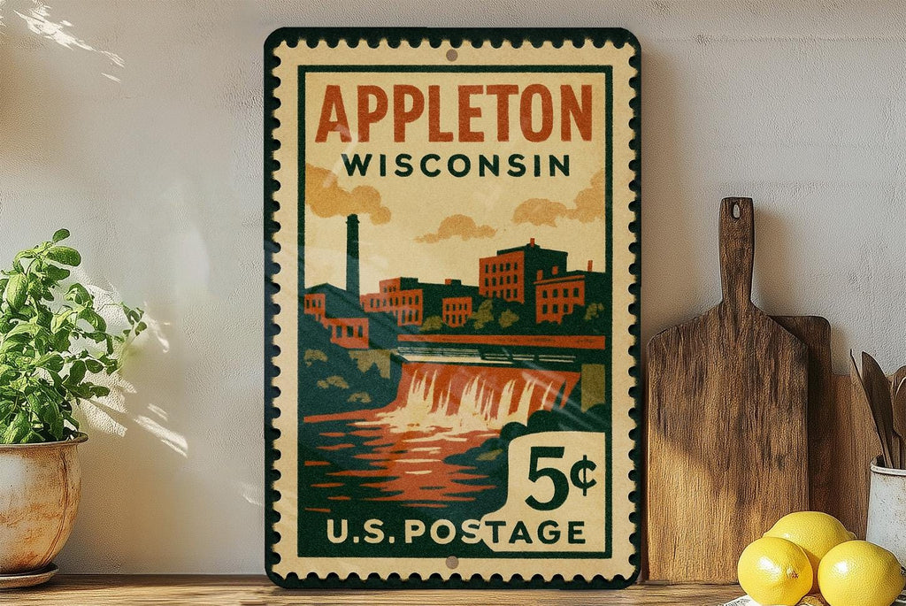 Appleton Wisconsin Metal Sign – Retro Postage Stamp Design Featuring Cityscape and Landmark Elements — photo 2
