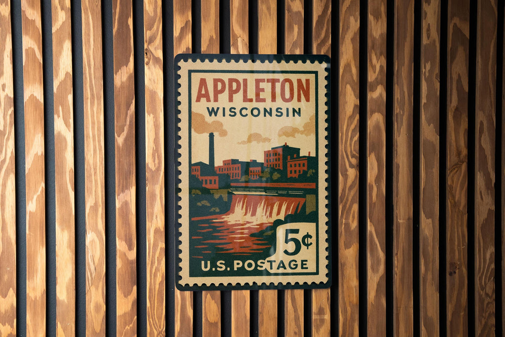 Appleton Wisconsin Metal Sign – Retro Postage Stamp Design Featuring Cityscape and Landmark Elements — photo 3