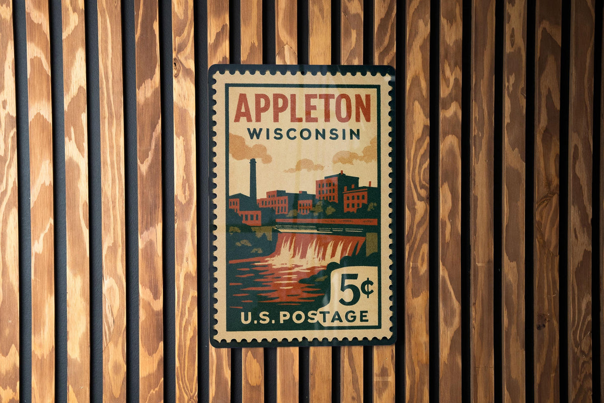 Appleton Wisconsin Metal Sign – Retro Postage Stamp Design Featuring Cityscape and Landmark Elements — photo 3