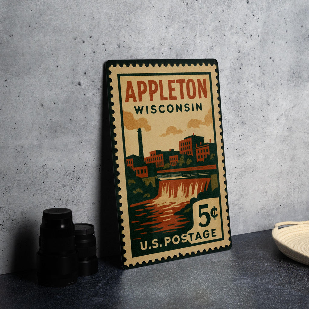 Appleton Wisconsin Metal Sign – Retro Postage Stamp Design Featuring Cityscape and Landmark Elements — photo 4