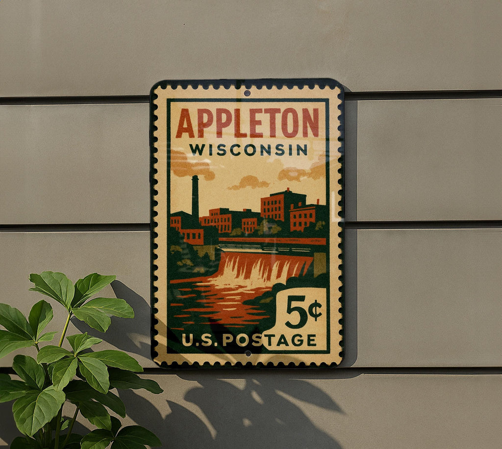 Appleton Wisconsin Metal Sign – Retro Postage Stamp Design Featuring Cityscape and Landmark Elements — photo 5