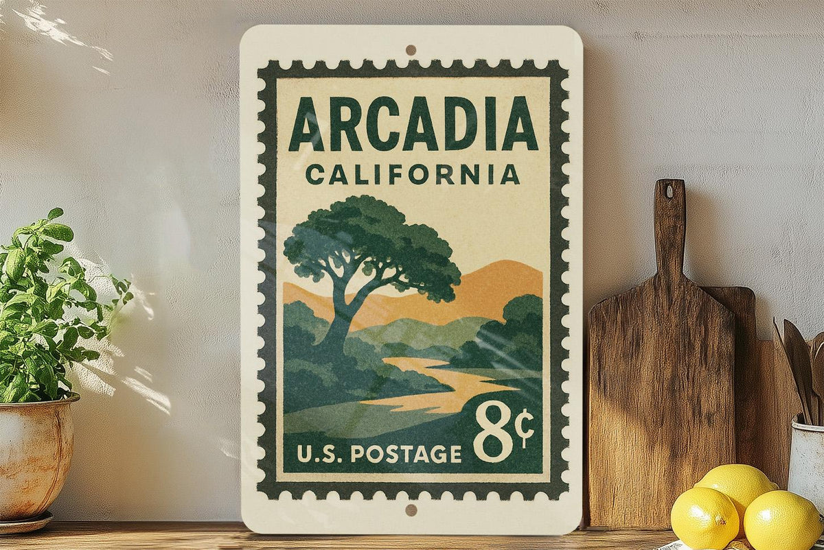 Arcadia California Metal Sign – Retro Postage Stamp Design Featuring Cityscape and Iconic Landmarks — photo 2