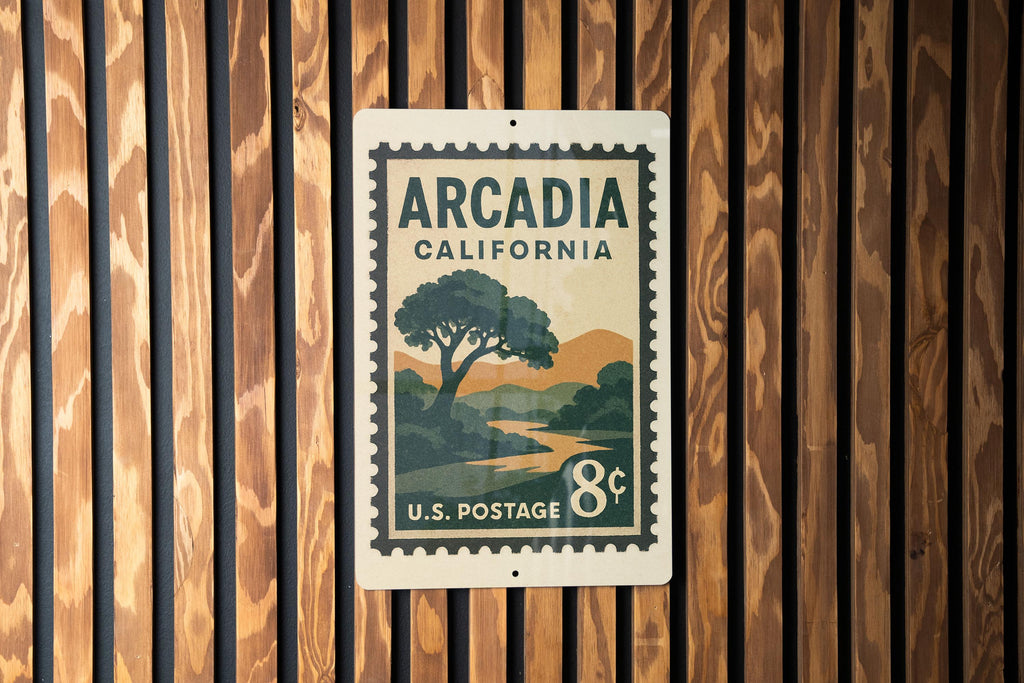 Arcadia California Metal Sign – Retro Postage Stamp Design Featuring Cityscape and Iconic Landmarks — photo 3
