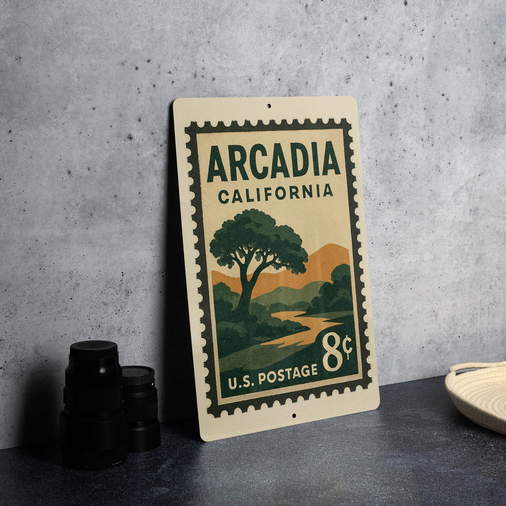 Arcadia California Metal Sign – Retro Postage Stamp Design Featuring Cityscape and Iconic Landmarks — photo 5