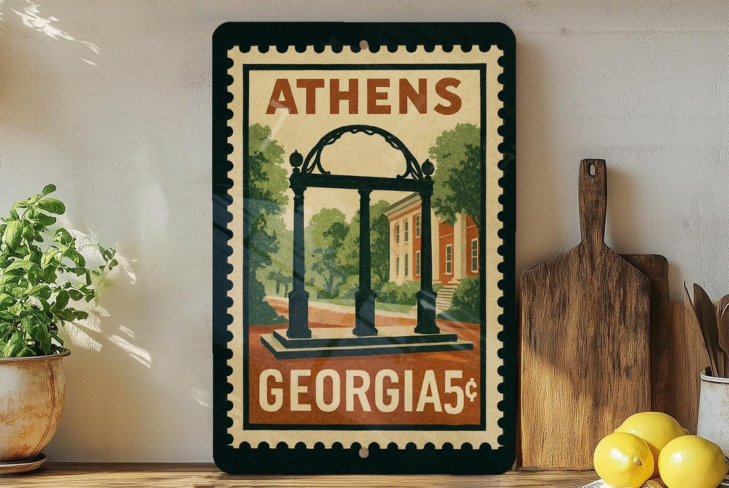 Athens Georgia Metal Sign – Retro Postage Stamp Design Featuring City Landmarks and Southern Charm Decor — photo 1