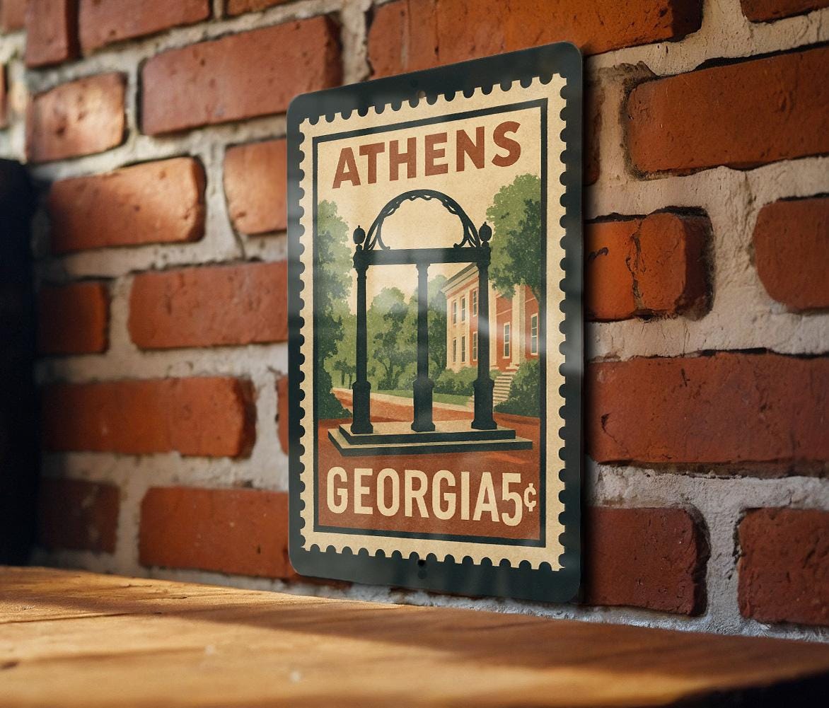 Athens Georgia Metal Sign – Retro Postage Stamp Design Featuring City Landmarks and Southern Charm Decor — photo 2