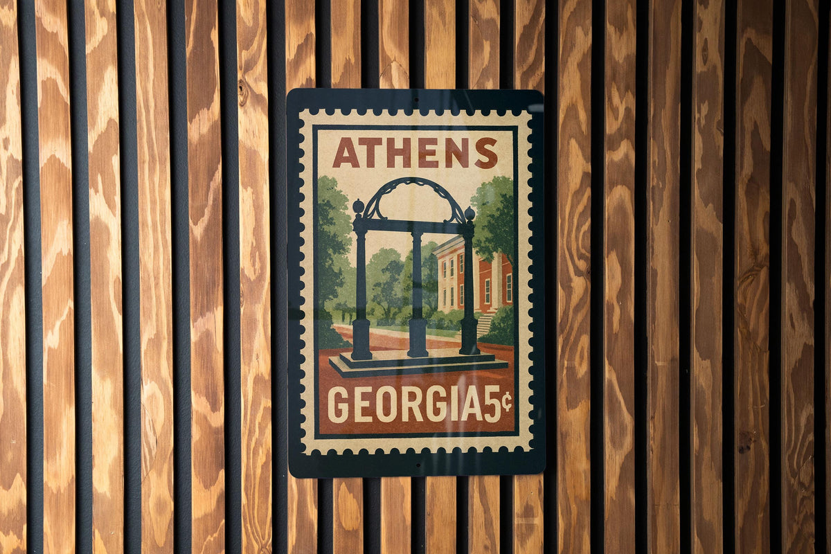 Athens Georgia Metal Sign – Retro Postage Stamp Design Featuring City Landmarks and Southern Charm Decor — photo 3