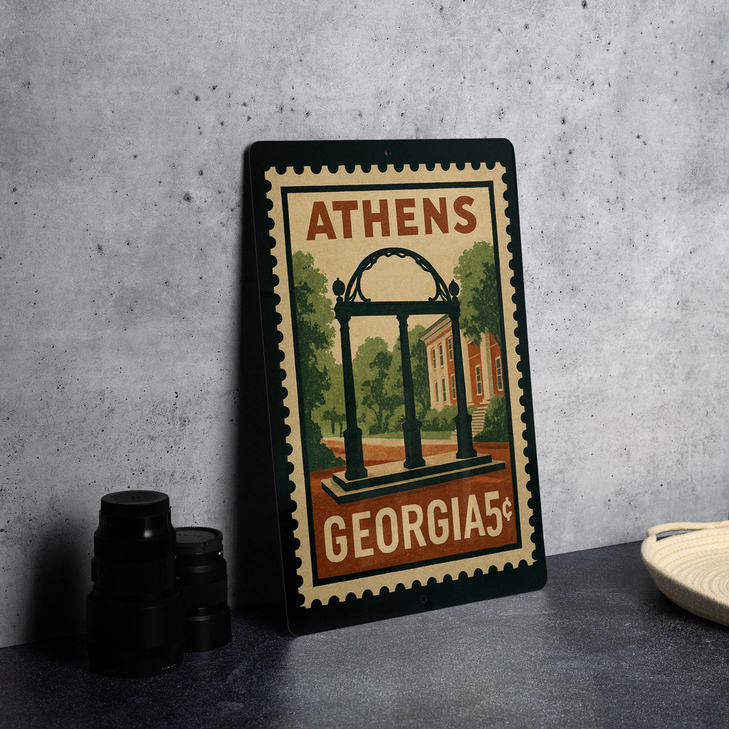 Athens Georgia Metal Sign – Retro Postage Stamp Design Featuring City Landmarks and Southern Charm Decor — photo 4