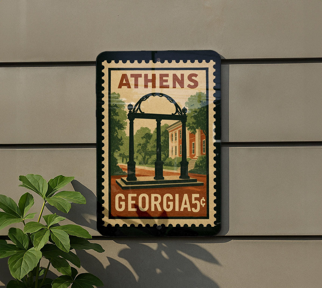 Athens Georgia Metal Sign – Retro Postage Stamp Design Featuring City Landmarks and Southern Charm Decor — photo 5