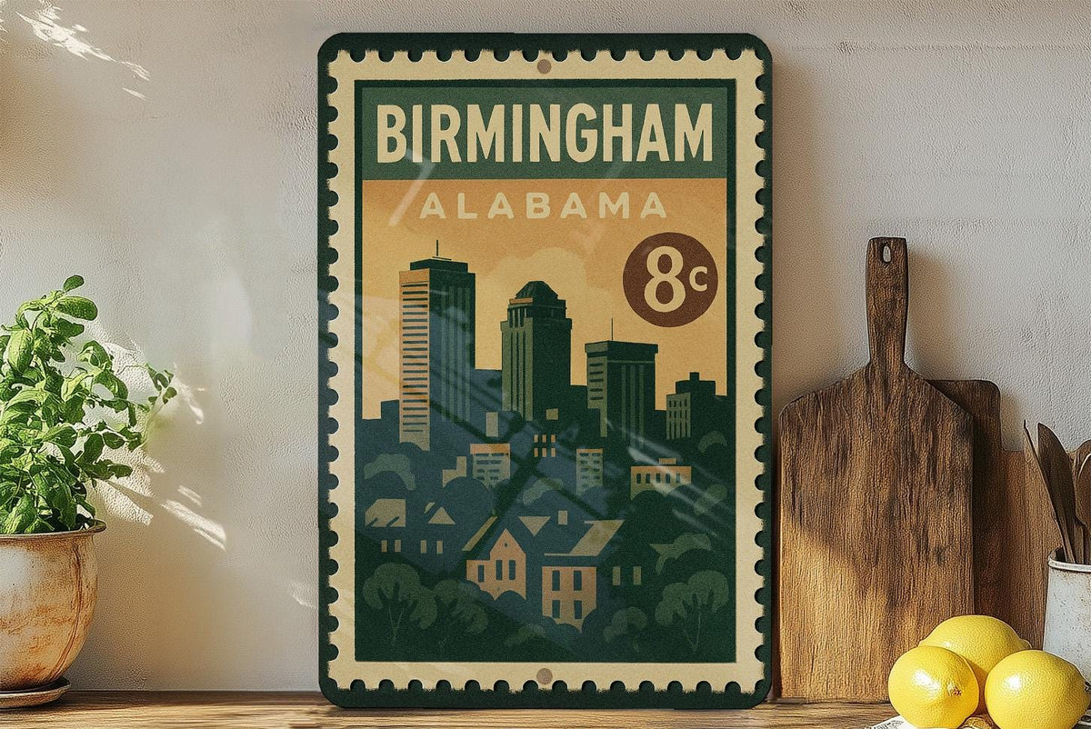 Birmingham Alabama Metal Sign Featuring Retro Postage Stamp Design with City Skyline and Historic Landmarks — photo 1