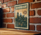 Birmingham Alabama Metal Sign Featuring Retro Postage Stamp Design with City Skyline and Historic Landmarks — photo 2