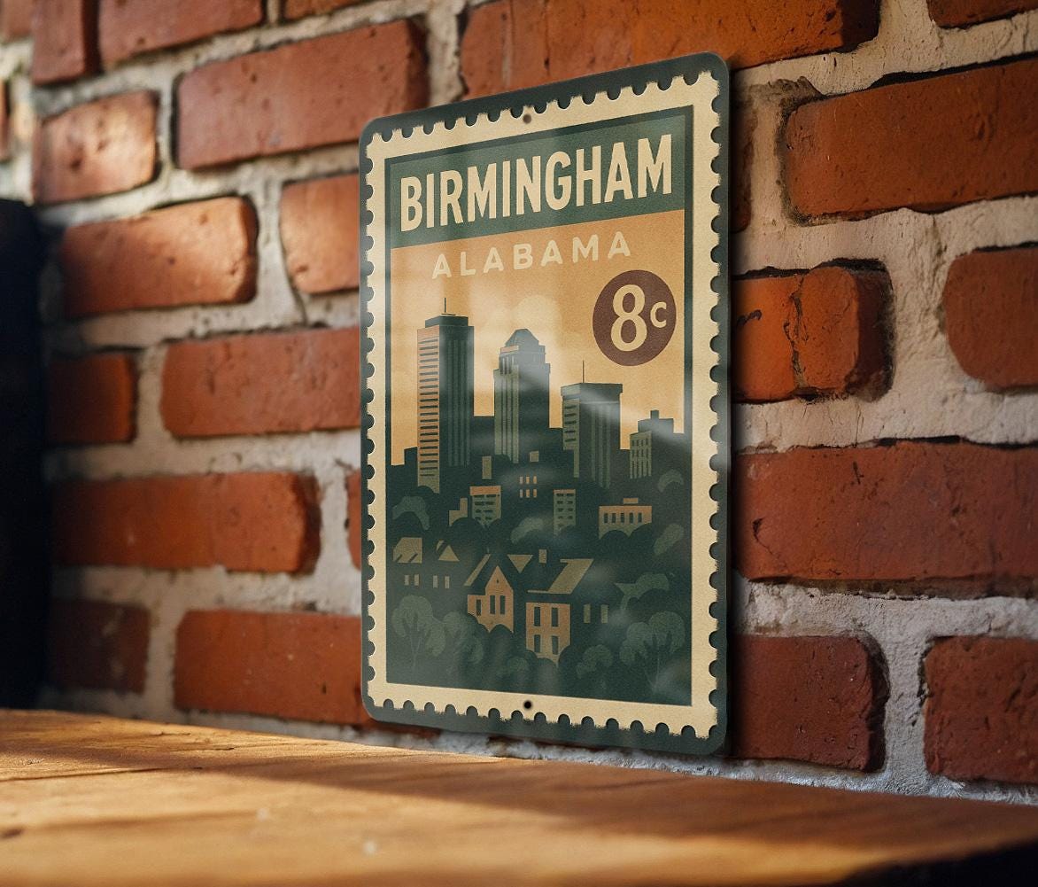 Birmingham Alabama Metal Sign Featuring Retro Postage Stamp Design with City Skyline and Historic Landmarks — photo 2