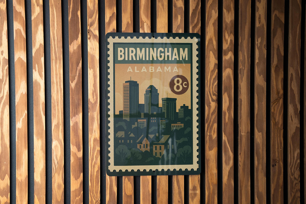 Birmingham Alabama Metal Sign Featuring Retro Postage Stamp Design with City Skyline and Historic Landmarks — photo 3