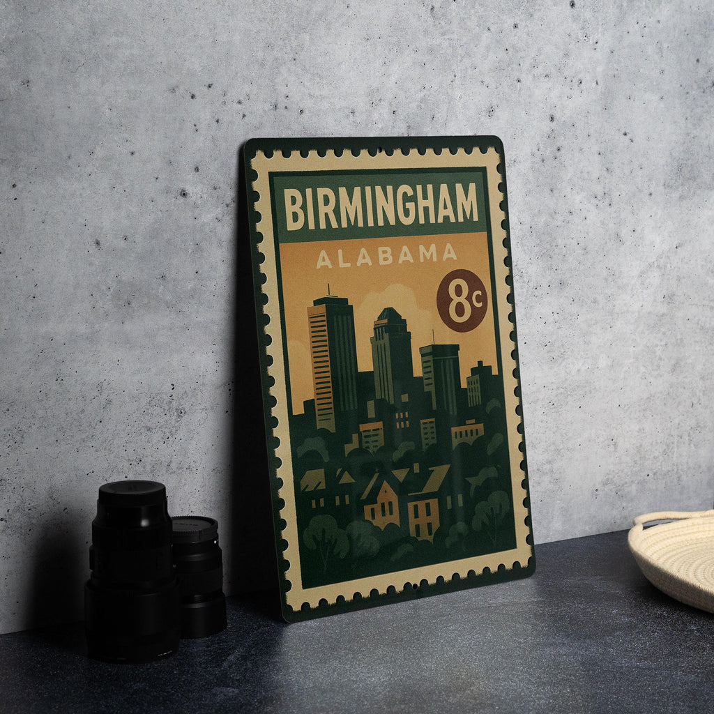 Birmingham Alabama Metal Sign Featuring Retro Postage Stamp Design with City Skyline and Historic Landmarks — photo 4