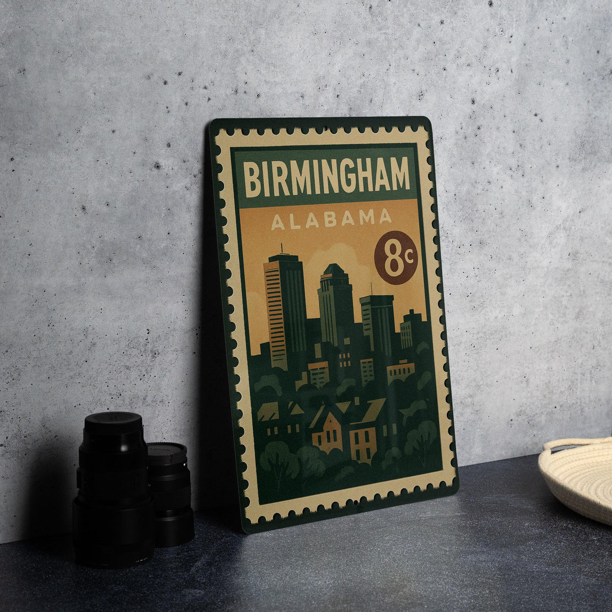 Birmingham Alabama Metal Sign Featuring Retro Postage Stamp Design with City Skyline and Historic Landmarks — photo 4