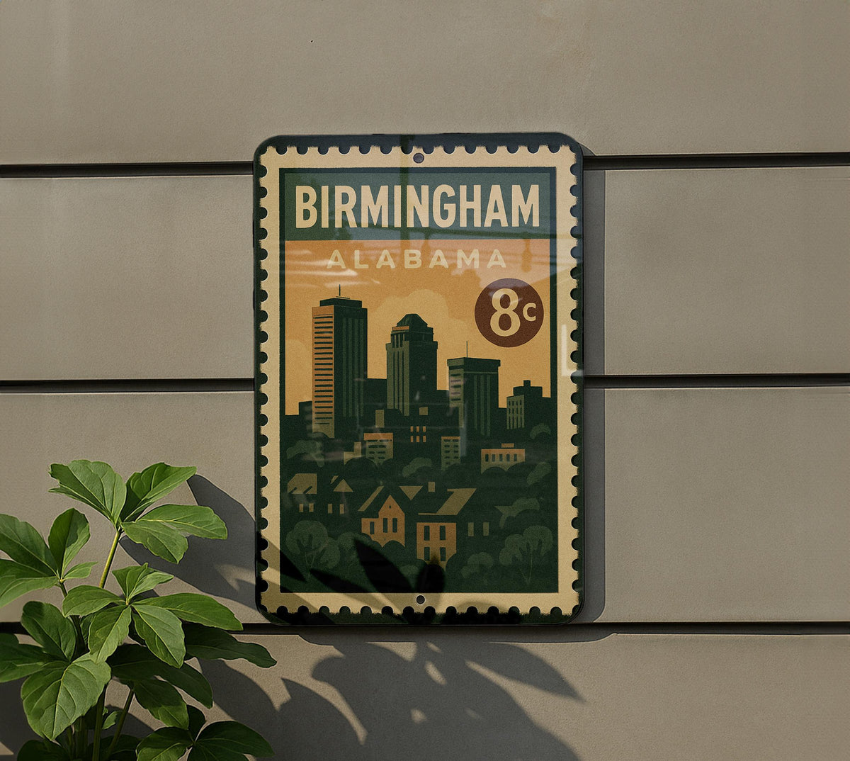 Birmingham Alabama Metal Sign Featuring Retro Postage Stamp Design with City Skyline and Historic Landmarks — photo 5