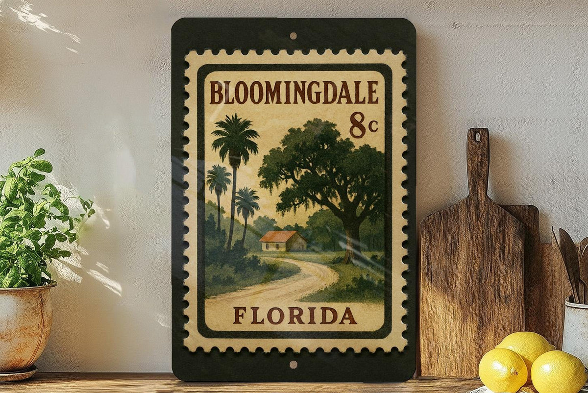 Bloomingdale Florida Postage Stamp Metal Sign – Retro Travel Souvenir Wall Decor Featuring Bloomingdale Landmarks — photo 1