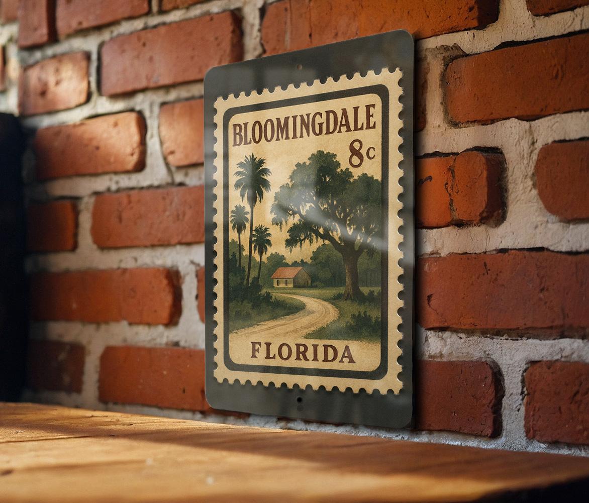 Bloomingdale Florida Postage Stamp Metal Sign – Retro Travel Souvenir Wall Decor Featuring Bloomingdale Landmarks — photo 2