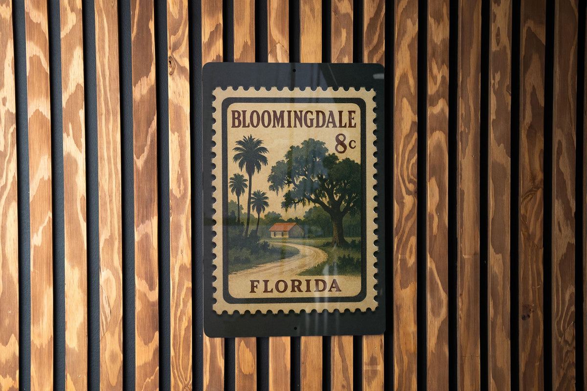 Bloomingdale Florida Postage Stamp Metal Sign – Retro Travel Souvenir Wall Decor Featuring Bloomingdale Landmarks — photo 3