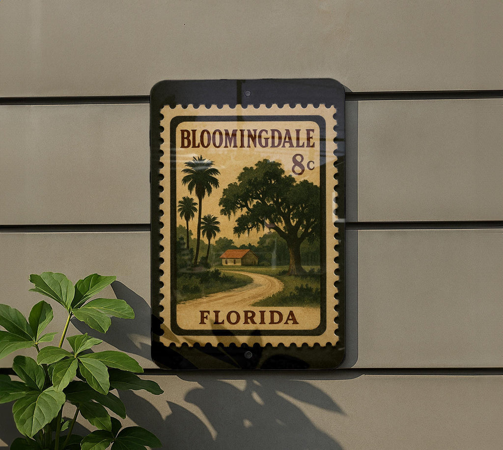 Bloomingdale Florida Postage Stamp Metal Sign – Retro Travel Souvenir Wall Decor Featuring Bloomingdale Landmarks — photo 5