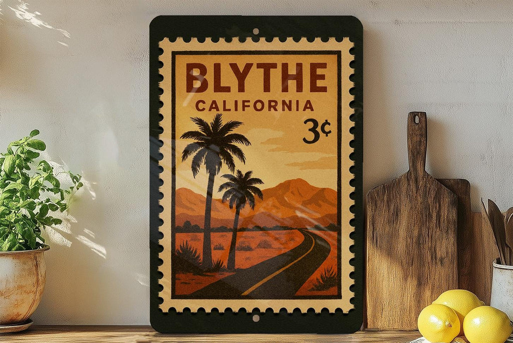 Blythe California Postage Stamp Metal Sign – Vintage Travel Scene Wall Decor – Retro Blythe CA Souvenir Sign — photo 1