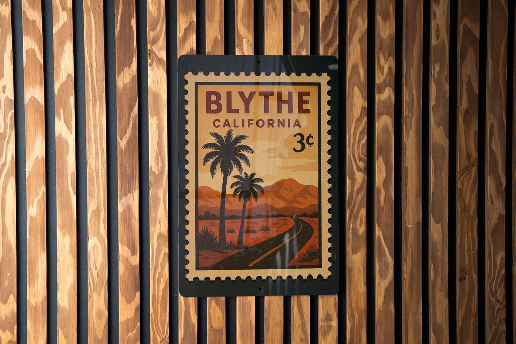 Blythe California Postage Stamp Metal Sign – Vintage Travel Scene Wall Decor – Retro Blythe CA Souvenir Sign — photo 3
