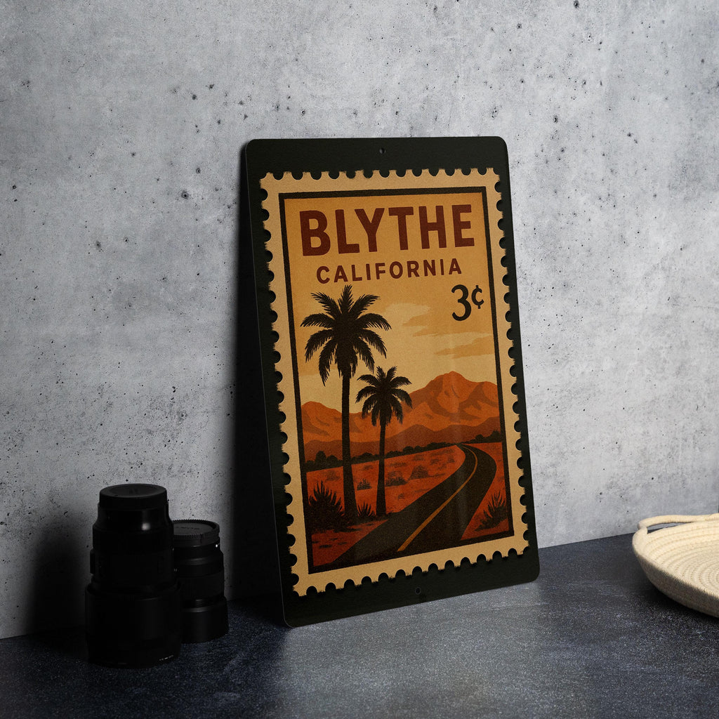 Blythe California Postage Stamp Metal Sign – Vintage Travel Scene Wall Decor – Retro Blythe CA Souvenir Sign — photo 4
