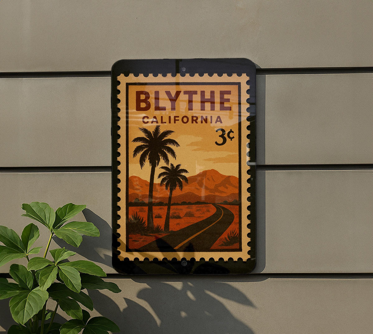 Blythe California Postage Stamp Metal Sign – Vintage Travel Scene Wall Decor – Retro Blythe CA Souvenir Sign — photo 5