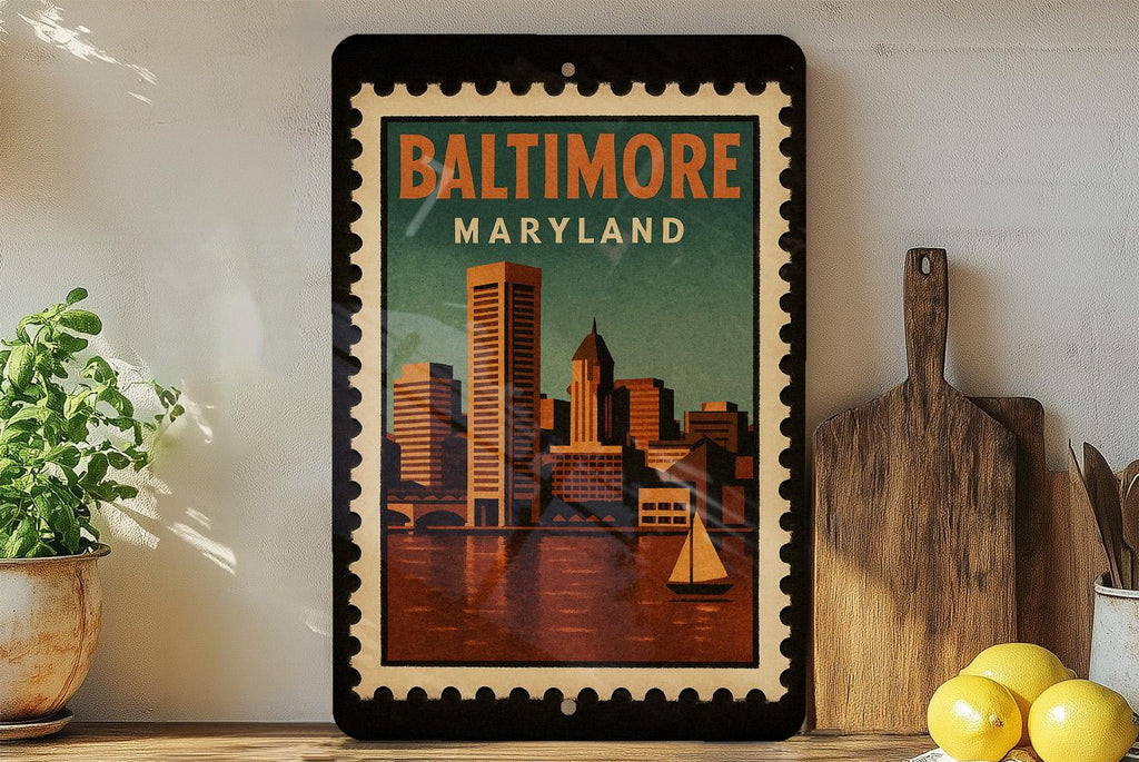 Baltimore Maryland Postage Stamp Metal Sign – Retro Travel Design Featuring City Landmarks and Vintage Mail Theme — photo 1