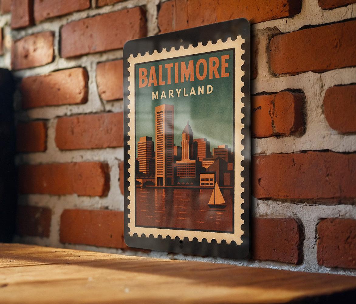 Baltimore Maryland Postage Stamp Metal Sign – Retro Travel Design Featuring City Landmarks and Vintage Mail Theme — photo 2