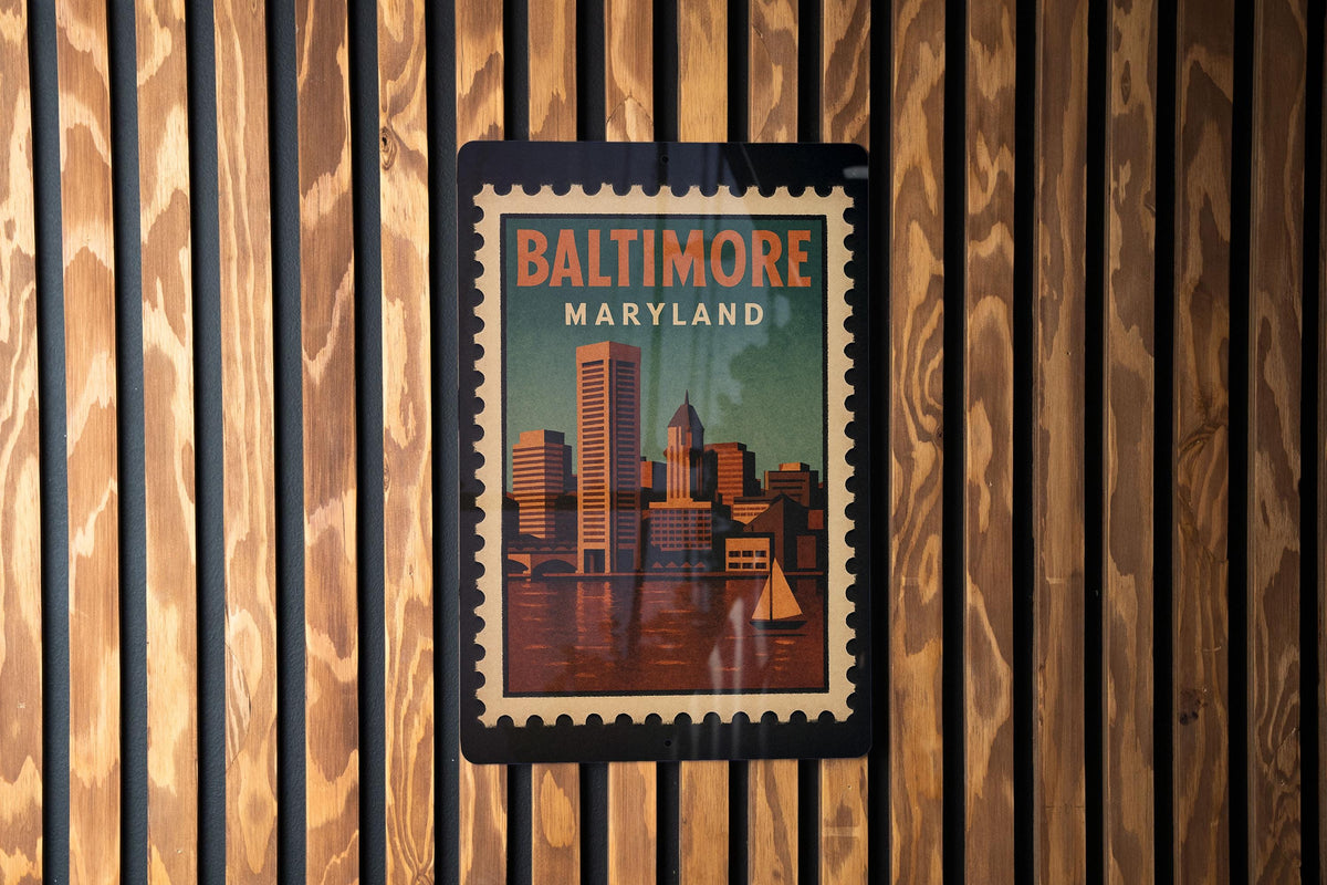 Baltimore Maryland Postage Stamp Metal Sign – Retro Travel Design Featuring City Landmarks and Vintage Mail Theme — photo 3