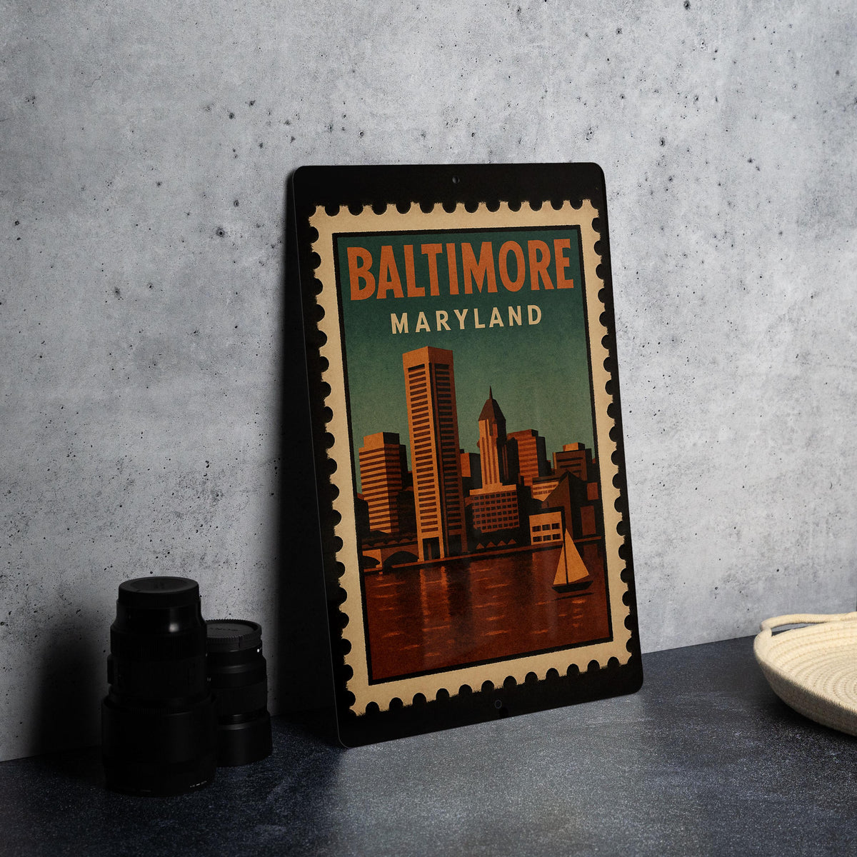 Baltimore Maryland Postage Stamp Metal Sign – Retro Travel Design Featuring City Landmarks and Vintage Mail Theme — photo 4
